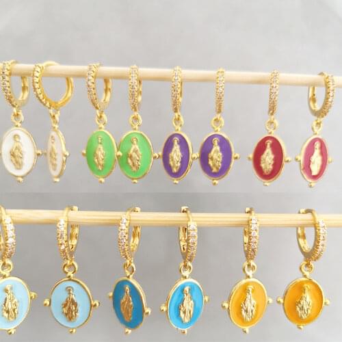 Pair Enamel Hoop Earrings for Women Gold Color Virgin Mary Oval Earing CZ Jewelry Red Drop Indian arete Small Black White Neon