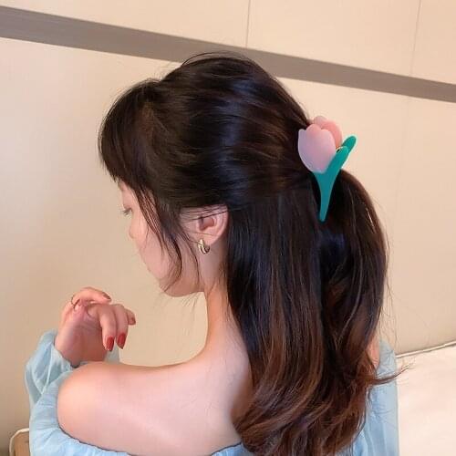 VSnow Korean New Geometric Acetate Tulip Flowers Hair Claw for Women Charm Pink Color Plant Shark Hair Clamps Hair Accessories