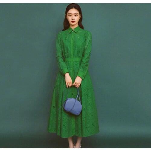 21 Elegant Sweet Green Personality Black Dot Printing Design Long-Sleeved Lapel Belt Dress Office Ladies Fresh Natural Commuting