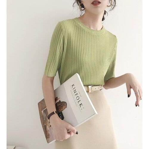 2020 New Women Fashion Summer T-shirts Chic Office Women Ribbed Shirts T11