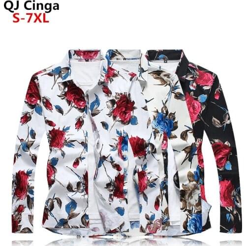 2021 Autumn Men Slim Floral Print Long Sleeve Shirts Fashion Brand Party Holiday Casual Dress Flower Shirt Homme Plus Size 7XL