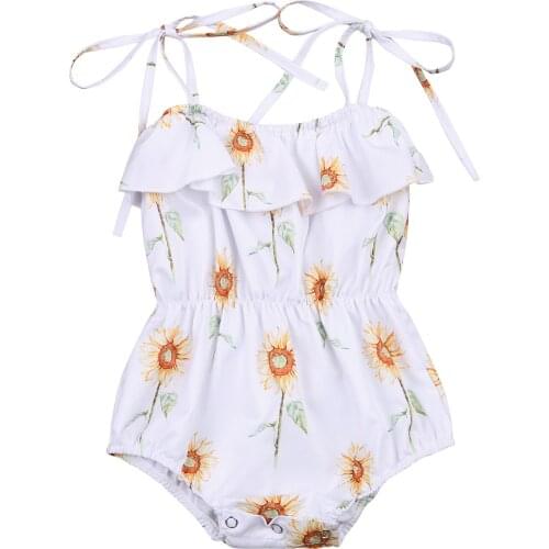 Newborn Baby Girls Lace-up Sling Romper Sunflower Print Casual Jumpsuit Summer Sleeveless Baby Clothes