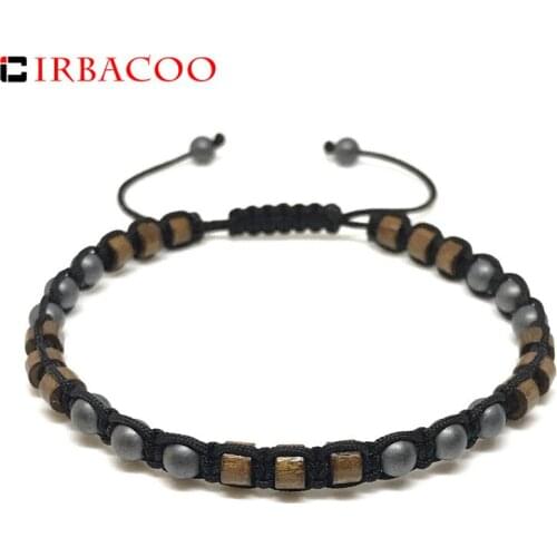 IRBACOO 2020 Fashion Men Bracelet Brown Wooden beads & Matte Hemaite Beads Macrame Bracelet For Men Jewelry Gift