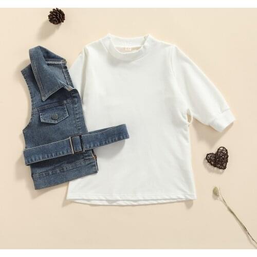 Fashion Kid Girls Autumn Clothes Sets 3pcs Solid Long Sleeve Pullover Dress Tops+Denim Vest+Belt Outfit