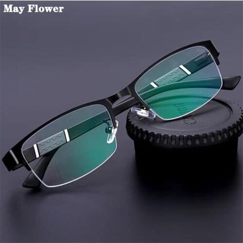 May Flower Metal Hlaf Frame Male‘s Reading Glasses Square Fashion Farsight Eyeglasses Women Business Anti-Blue Diopter Glasses+4