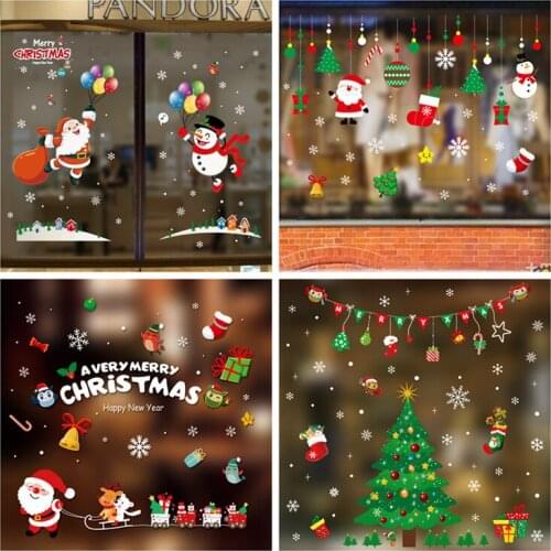 DIY Glass Window Stickers Santa Cartoon Kids Tree Christmas White Snowflakes Pendant Wall Window Glass Sticker Xmas Decoration