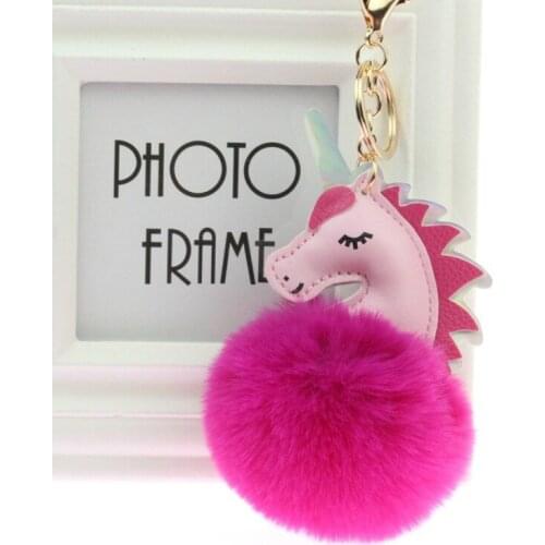 Lovely Cartoon Pink Unicorn Fluffy Fur Ball Key Chain Soft Pompom Animal Tail Fur Ball Auto Keychain Women Key Ring Gifts