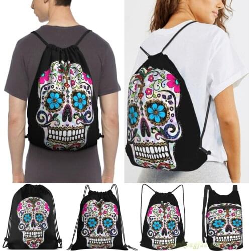 Unisex Drawstring Bags Sequin Sugar Skulls Women Drawstring Backpacks Men Outdoor Travel Backpacks Training Fitness Bag