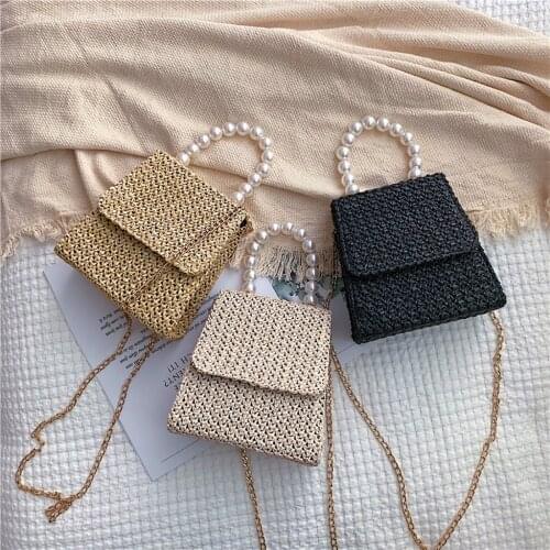 Women Weave Messenger Bag Straw Chain Shoulder Bags Female Flap Pearl Handbag Fashion Girl Small Square Bags Dropshipping
