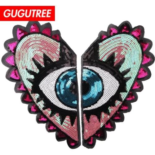 GUGUTREE embroidery Sequins big eyes patch love heart patches badges applique patches for clothing JW-152