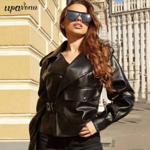 2020 New Autumn Womens Faux Leather Pu Coat Jacket Elegant Lapel Slim Pocket Black Streetwear Punk Coat Motorcycle Pu Coat
