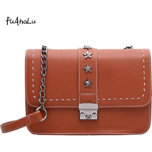 FuAhaLu Womens autumn and winter new star rivets chain lock shoulder diagonal cross flap package