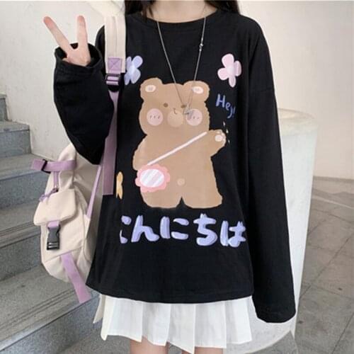 Cute Cartoon Bear Sweet Girl Womens Loose Long Sleeve Shirt Winter Sweatshirt Black & White 2020 Fall