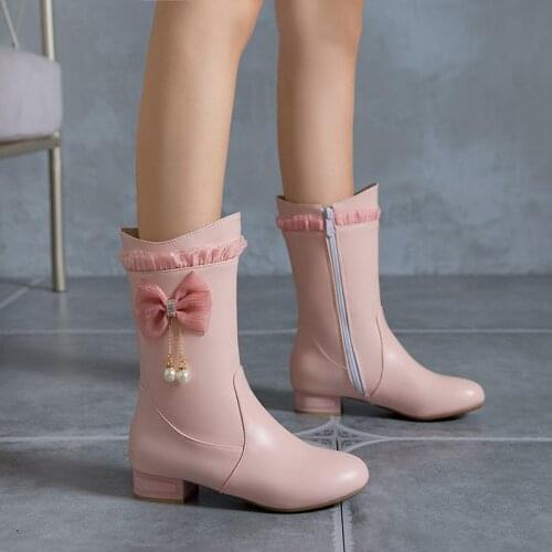 YQBTDL 2020 Autumn Winter Low Chunky Heels Cute Lolita Shoes Cosplay Pink White Bowtie Lace Ruffles Mid Calf Womens Boots 34-43