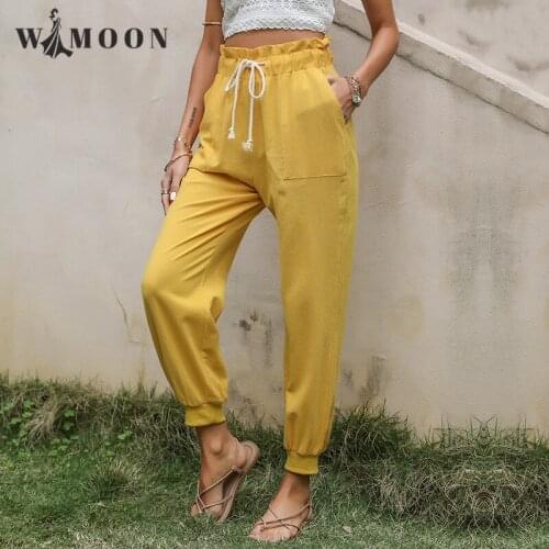 2021 Summer New Solid Color Ramie Cotton Fabric Drawstring Leg Harem Pants Loose Pants Women Fashion Casual Harem Pants