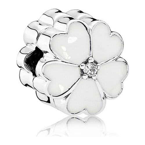 Authentic 925 Sterling Silver Bead White Primrose Clip Charm Fit Fashion Women Pandora Bracelet Bangle Gift DIY Jewelry