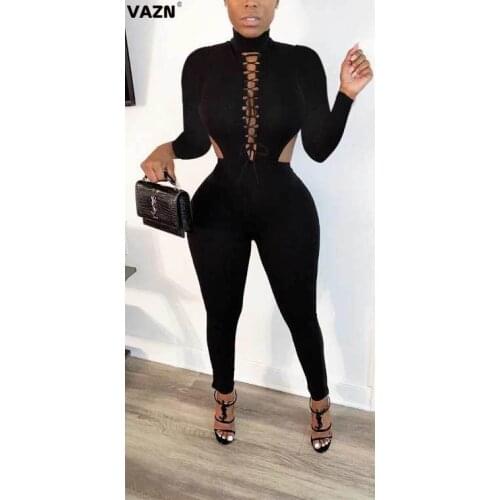 VAZN 2020 Autumn Hot Black Plus Size Young Sexy Cross Bandage Top Hollow Out Full Sleeve High Waist Slim Women Pencil Jumpsuits
