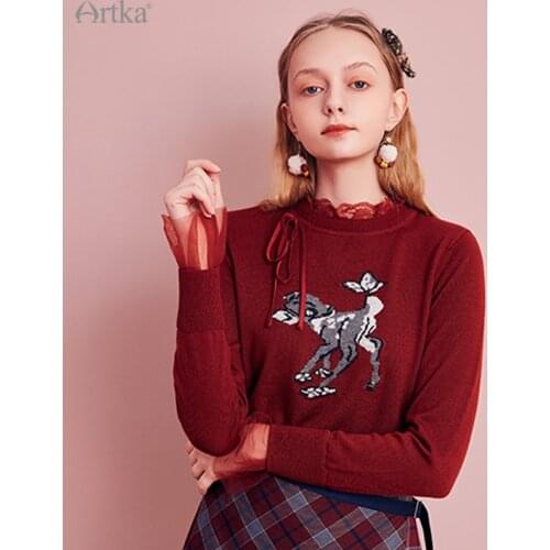 ARTKA 2020 Winter New Women Sweater Elegant Soft Wool Knitted Sweater Lace O-Neck Pullover Thicken Warm Red Knitwear YB20901D