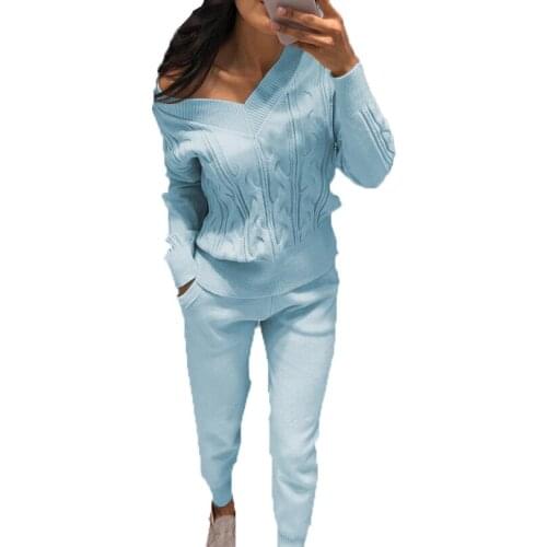 Womens Knit Tracksuit Autumn and Winter Womens Knitting Costume Solid Color V-neck Sweater Elastic Pants Two-piece Sets