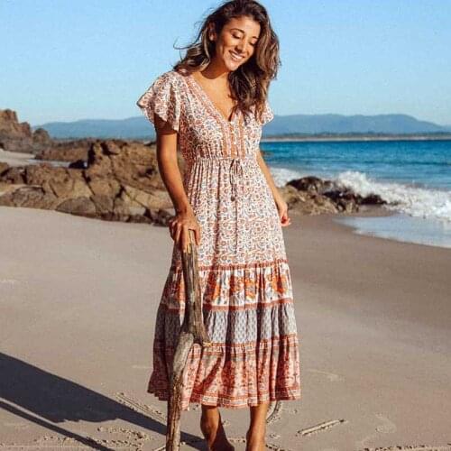 2021 Boho Dress Floral Print Summer Beach Womens V-neck Short Sleeve Dress Female Fringed Boho Hippie Dress Chic Print Long