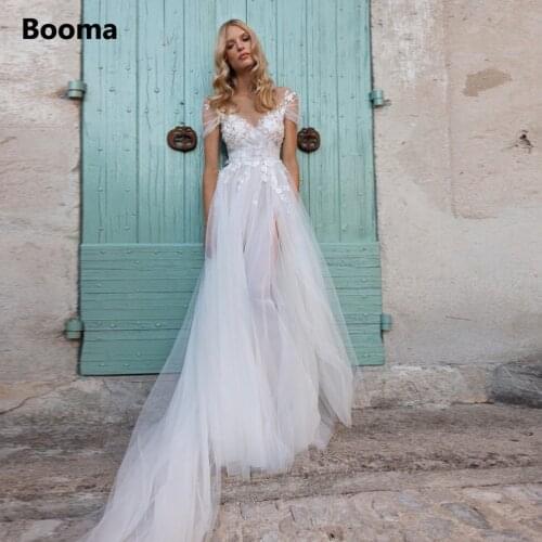 Booma V-Neck Floral Tulle Beach Wedding Dresses Backless Cap Sleeves Appliques A-Line Bridal Gowns High Slit Boho Bride Dresses