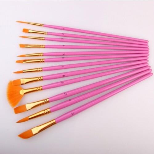 12 Pcs Painting Pen Wooden Handle Nylon Hair Gouache Kids Student Drawing Art Supplies Paint Brush Set