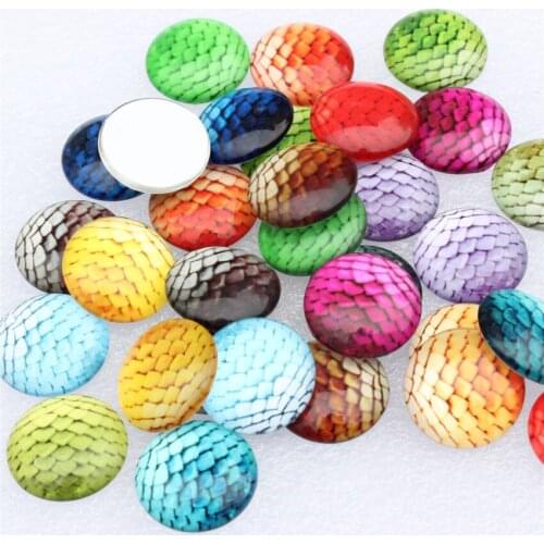 20mm Random Mixed Fish scale Peacock feather Round Glass Cabochon Flatback Photo Dome Jewelry DIY Accessories Tray by pair 20pcs