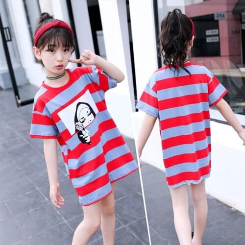 2019 Summer Oversize T Shirt Kids Girls Striped O Neck Short Sleeve Cotton Basic Long T-shirt Loose Streetwear T-shirts Tee Tops