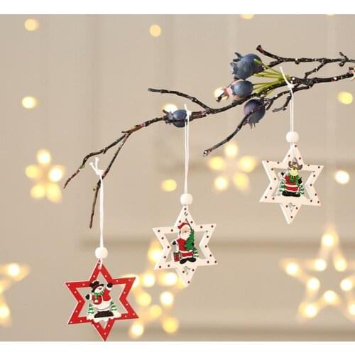 9Pcs/Box High Quality Hollow Design Star Shape Tree Hanging Pendants Wood Santa Claus Pendants Beautiful for Home
