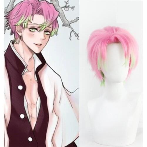 Demon Slayer Kanroji Mitsuri Cosplay Wig Kimetsu No Yaiba Costume Short Pink Mixed Green Synthetic Hair for Men + Free Wig Cap