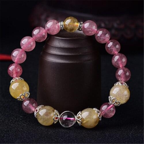 HFANCYW Summer New Natural Strawberry Crystal Golden Rutilated Quartz Bracelet Women Birthday Gift Pink Beads Bracelet Wholesale