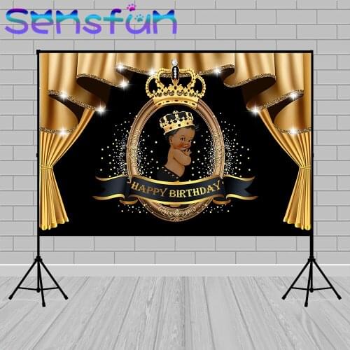 Photo Background Curtains Black and Gold African Baby Prince Boy 1st Birthday Backdrop Gold Crown Baby Shower Banner Vinyl