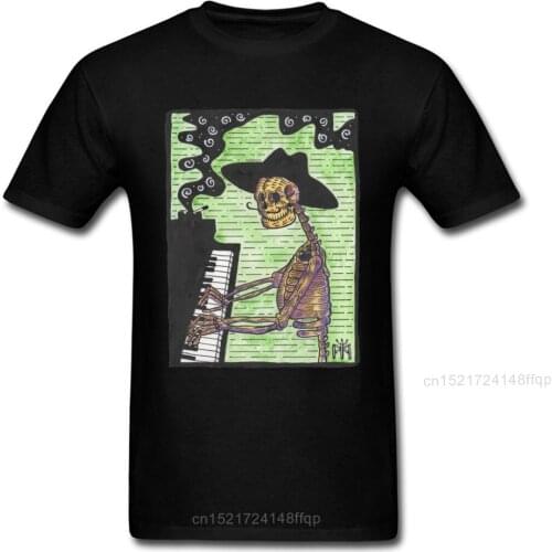 Skeleton Jazz Pianist T-shirt Men Hip Hop T Shirt Black Tshirt Retro Vintage Clothing Cotton Skull Tops Art Design Tees Unique