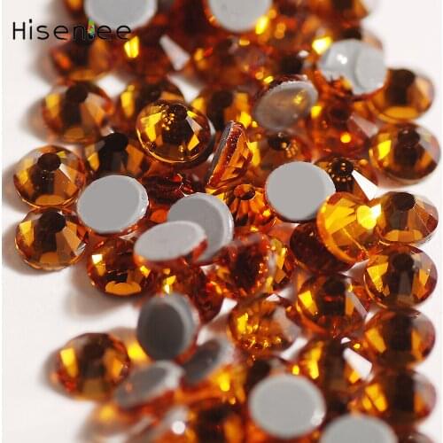 Hisenlee AAAA Hotfix Rhinestone Topaz Color Glue Back Rhinestones 10 Size Crystals Strass Iron Use for Clothes DIY Crafts Dress