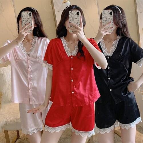 2020 Summer Silk Satin Short Sleeve Shorts Pajama Sets for Women Sexy Lace V-neck Sleepwear Pyjama Homewear Pijama Mujer Clothes
