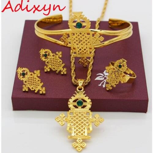 Adixyn Ethiopian Cross Jewelry Set Gold Color Crystal Necklace/Earrings/Bangle/Ring/Pendant Eritrea Bride Wedding/Party Gift