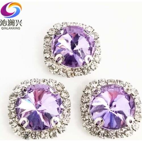 Round shape top glass crystal rhinestones with hole,Crystal violet Silver bottom sew on stone for Diy Clothing accessories