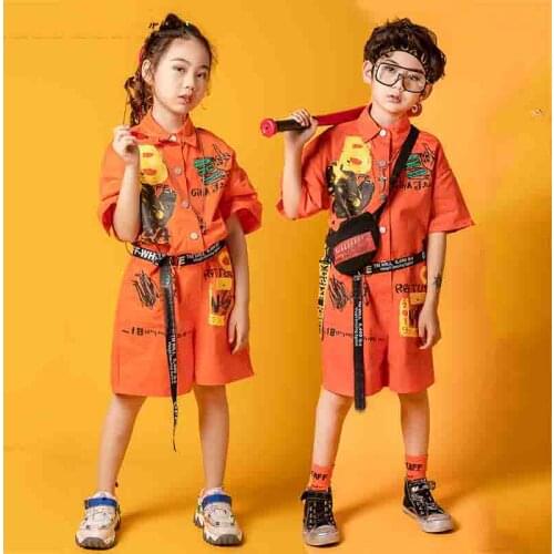 Kids Cool Hip Hop Costumes Jazz Dance Clothing for Girls Ballroom Dance Clothing Boys Short Sleeve Orange Jumpsuit XS1464