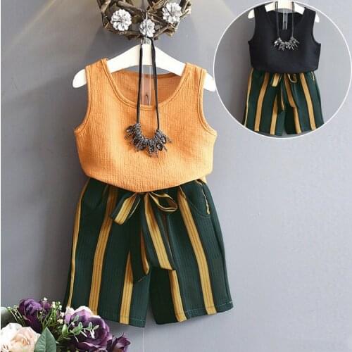 2019 Summer Girls Chiffon Vest Shirt + Striped Shorts Set Fashion Children Clothing Black Outfits