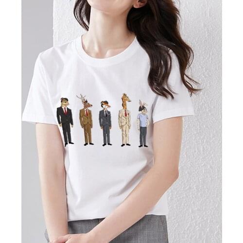 Summer Ladies Niche White T-shirt Womens Cartoon Suit Animal Print Top Harajuku Casual Creative Design Round Neck Slim Top