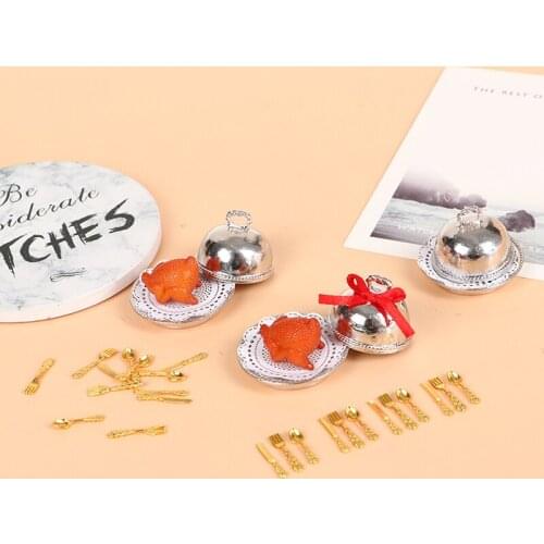 Hot Sale！Dollhouse Miniature European tray + round cover + Turkey Christmas New Year Dollhouse Home Party Decoration Set