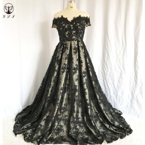 Best Selling Off the Shoulder Sweetheart Short Sleeve Beaded Bling Bling Black Lace Prom Dresses