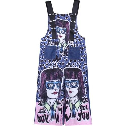 MUMUZI Summer New Print Cute Cartoon Denim Overalls Dot Printing Wide Leg Jean Pants Trousers Rompers Overall For Women Fashion