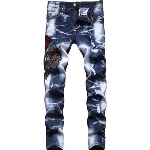 Mens Embroidery Slim Straight Stretch Denim Jeans Streetwear Tie and Dye Holes Ripped Pants Trousers