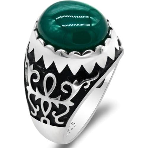 Green Stone Real Pure 925 Sterling Sliver Ring for Men Auspicious Gift Natural Agate Stone Drogon Petal Wedding Jewelry Gift
