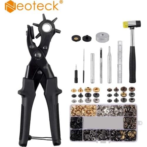 Neoteck Hole Punch Plier Set 150pcs Leather Snap Fasteners Revolving Punch Hole Tool Kit with Punch Plier Grinding Rod