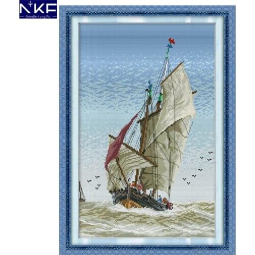 NKF Brave The Wind and The Waves Stamped Cross Stitch DIY Kits Needlework Embroidery Set Chinese Cross Stitch for Home Decor