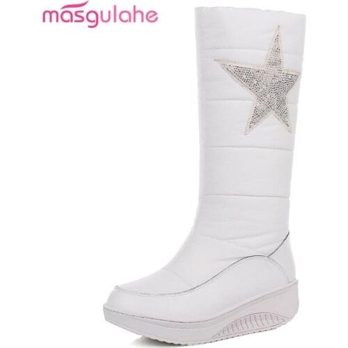 Masgulahe new high quality women boots down+genuine leather boots platform thick fur keep warm snow boots whithe black