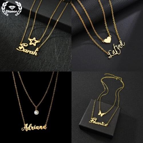 Diamon Personalized Double-Layers Stainless Steel Necklace For Women Custom Name Letters Pearl Pendant Jewelry Friendship Gift