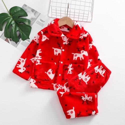 Infant Kids Baby Girls Boys 2Pcs Coral Fleece Pajama Sets Long Sleeve Jacket + Pants With PocketsCartoon Print Sleepwear 2-7Y